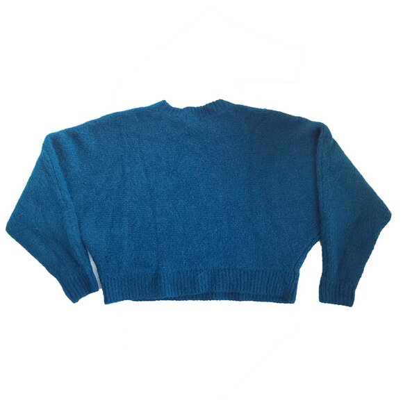 Women's Fuzzy Oversized Cropped Sweater Teal Blue/Green Crew Neck - Picture 4 of 5